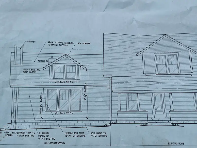 Hand-marked architectural elevation drawing for a Northwood Homes project